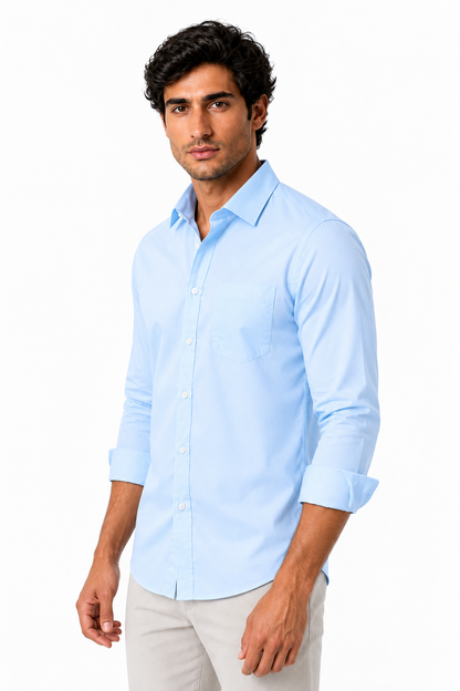 Ventorino Men's Button-Up Shirt Premium Cotton Classic Fit | Ventorino in Blue Twill — model three-quarter view