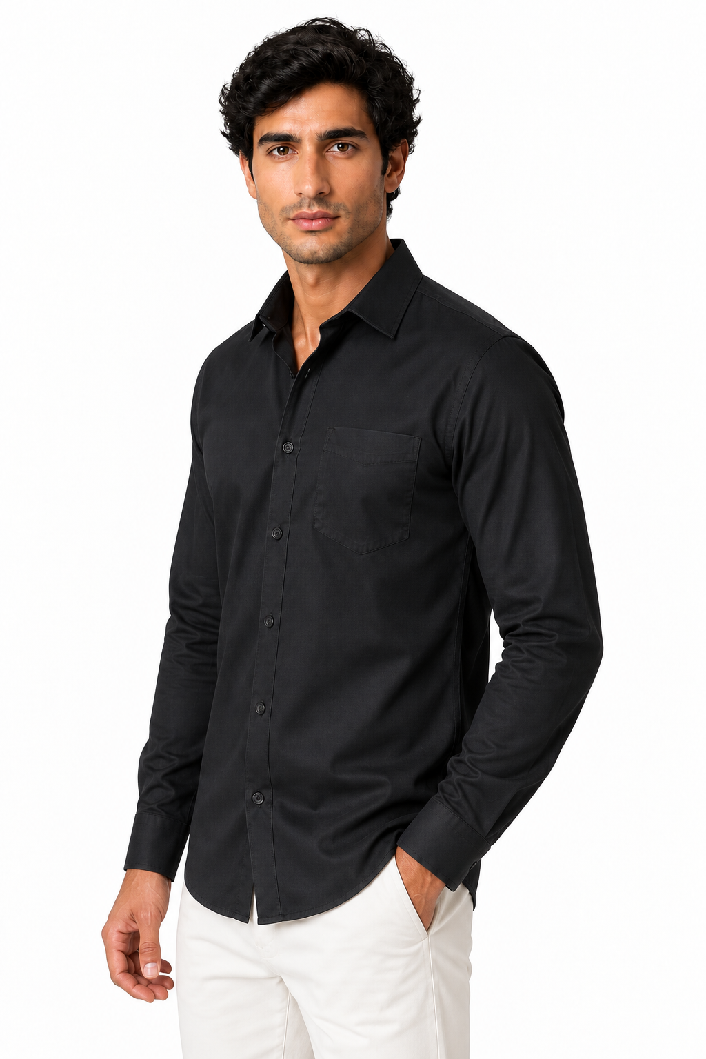 Ventorino Men's Button-Up Shirt Premium Cotton Classic Fit | Ventorino in Black — model three-quarter view