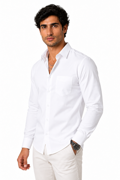 Ventorino Men's Button-Up Shirt Premium Cotton Classic Fit | Ventorino in White — model three-quarter view