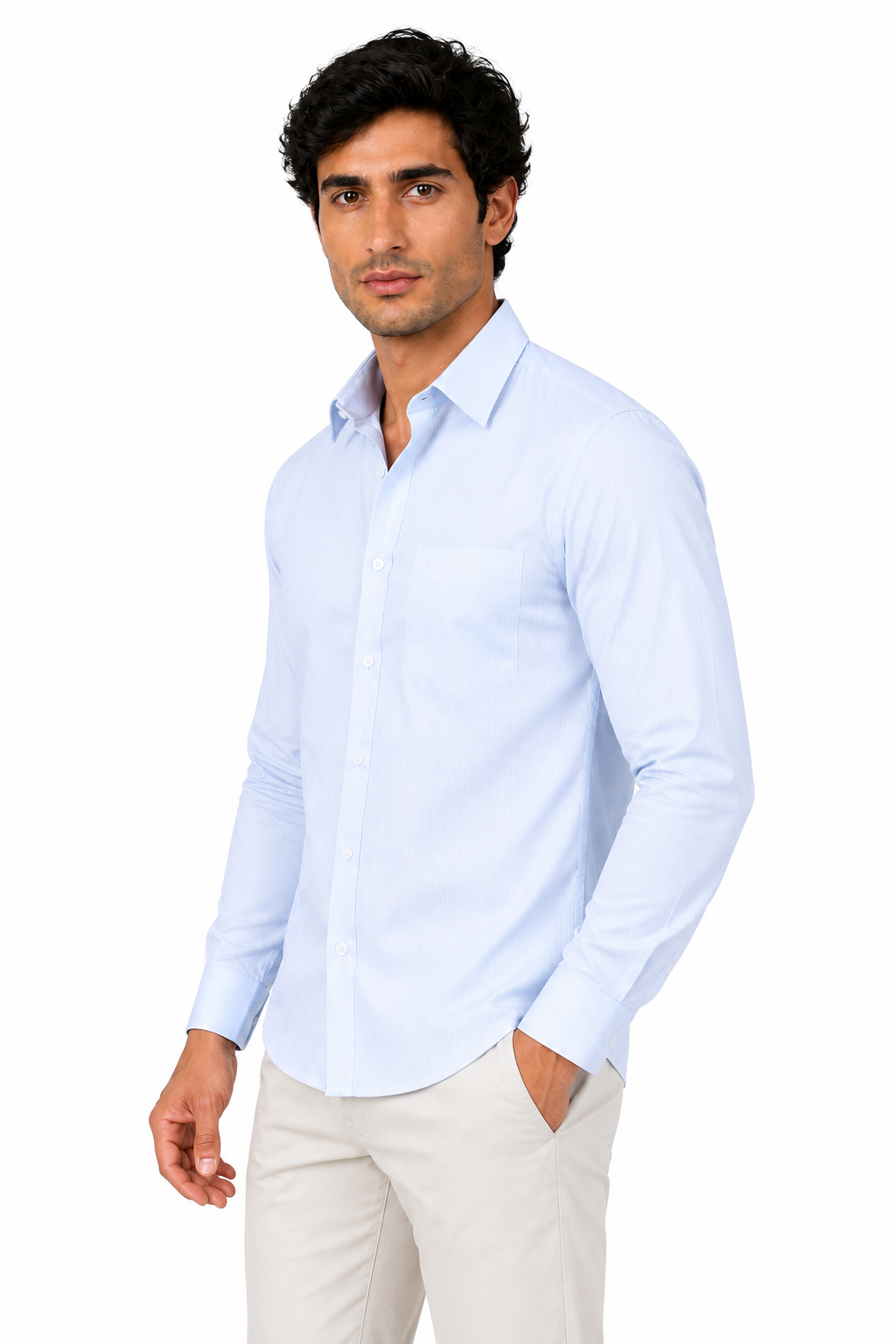 Ventorino Men's Button-Up Shirt Premium Cotton Classic Fit | Ventorino in Blue Stripe — model three-quarter view