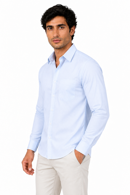 Ventorino Men's Button-Up Shirt Premium Cotton Classic Fit | Ventorino in Blue Stripe — model three-quarter view