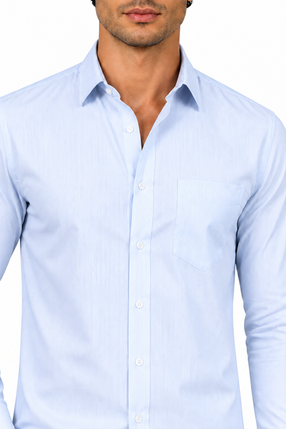Ventorino Men's Button-Up Shirt Premium Cotton Classic Fit | Ventorino in Blue Stripe — garment and fabric detail