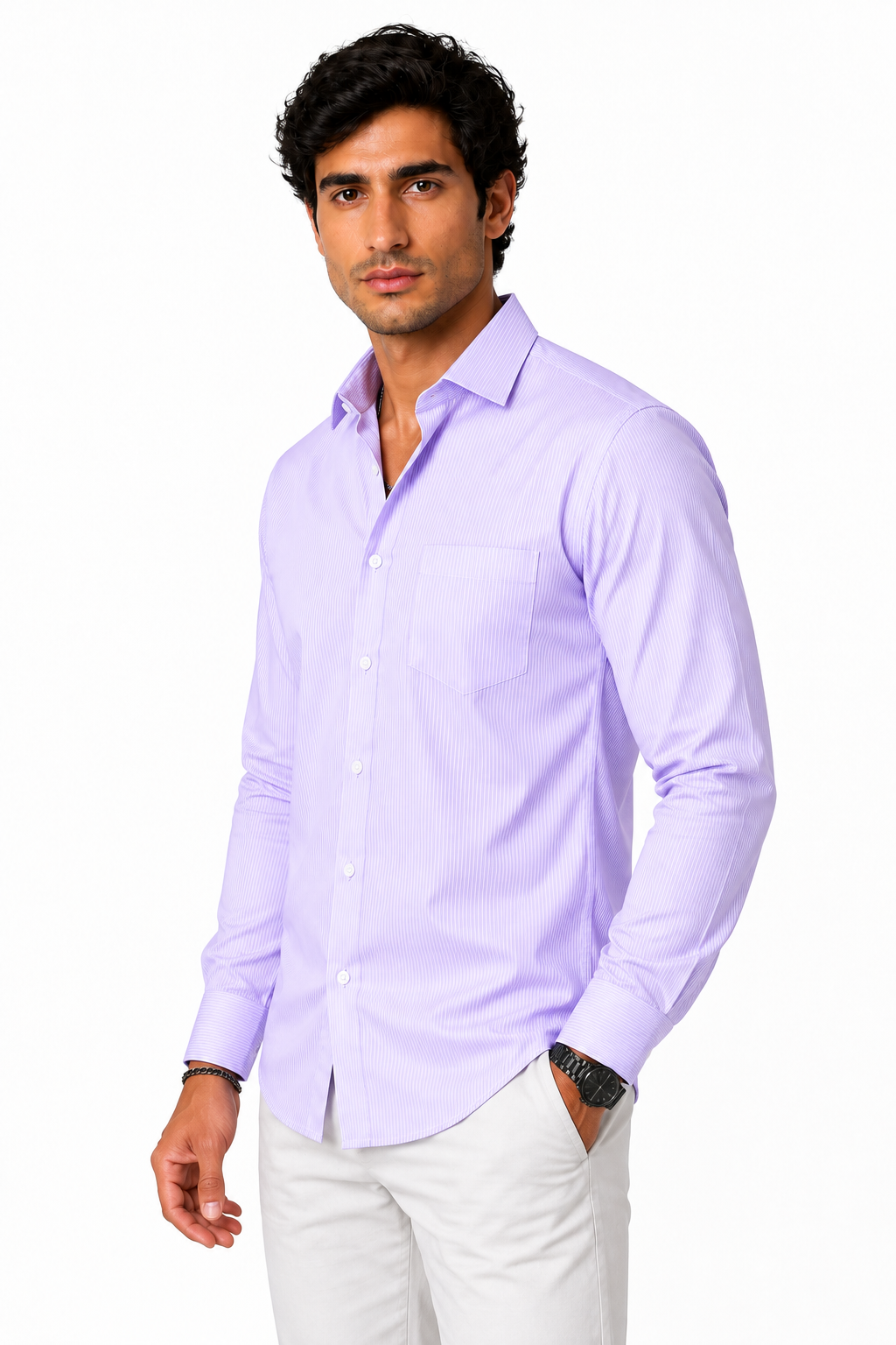 Ventorino Men's Button-Up Shirt Premium Cotton Classic Fit | Ventorino in Purple Stripe — model three-quarter view