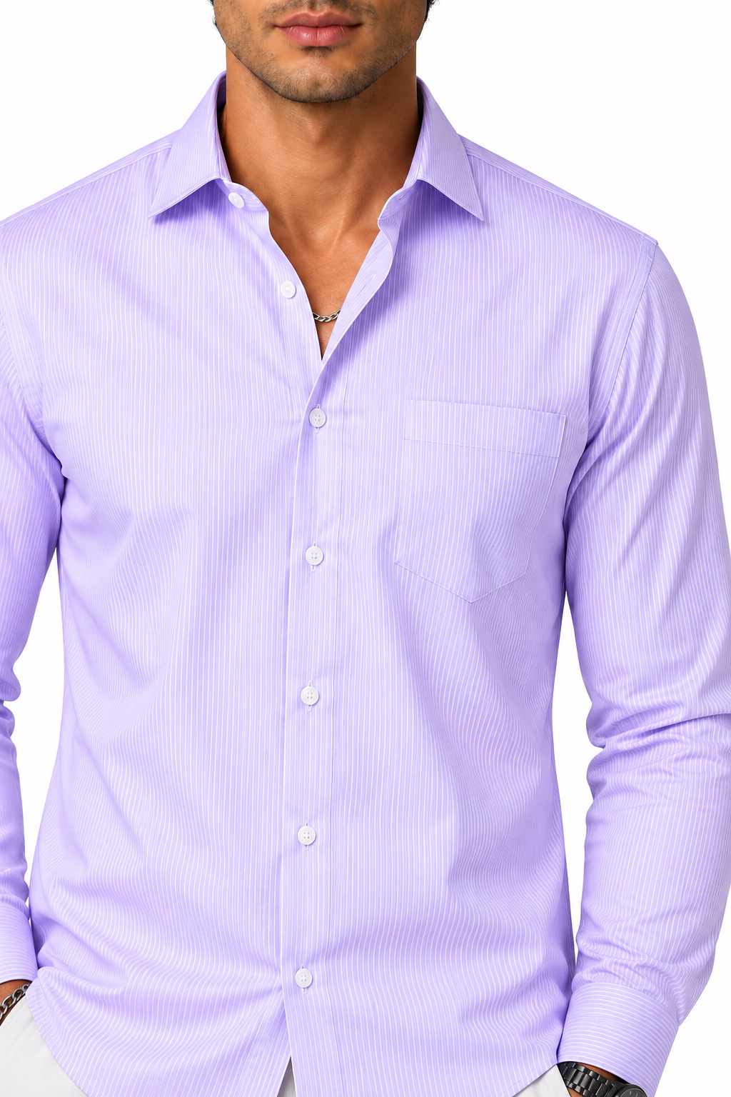 Ventorino Men's Button-Up Shirt Premium Cotton Classic Fit | Ventorino in Purple Stripe — garment and fabric detail