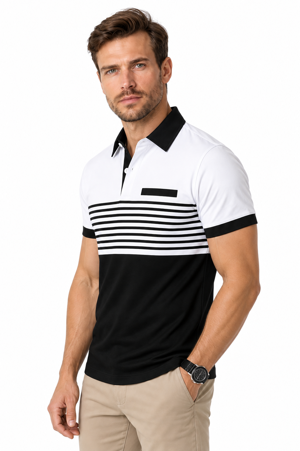 Ventorino Men's Polo Shirt Striped Design Chest Pocket | Ventorino in White — model three-quarter view