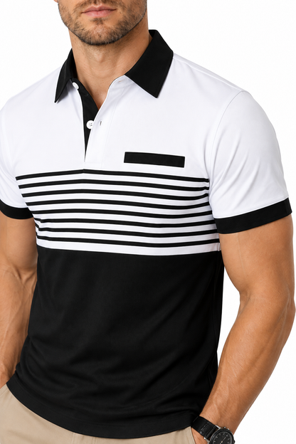 Ventorino Men's Polo Shirt Striped Design Chest Pocket | Ventorino in White — garment and fabric detail