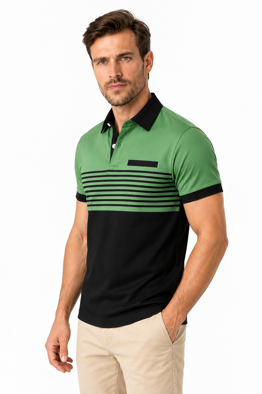 Ventorino Men's Polo Shirt Striped Design Chest Pocket | Ventorino in Green — model three-quarter view