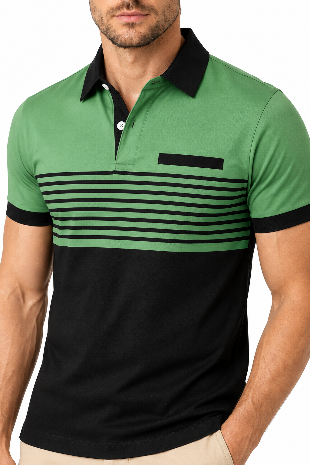 Ventorino Men's Polo Shirt Striped Design Chest Pocket | Ventorino in Green — garment and fabric detail