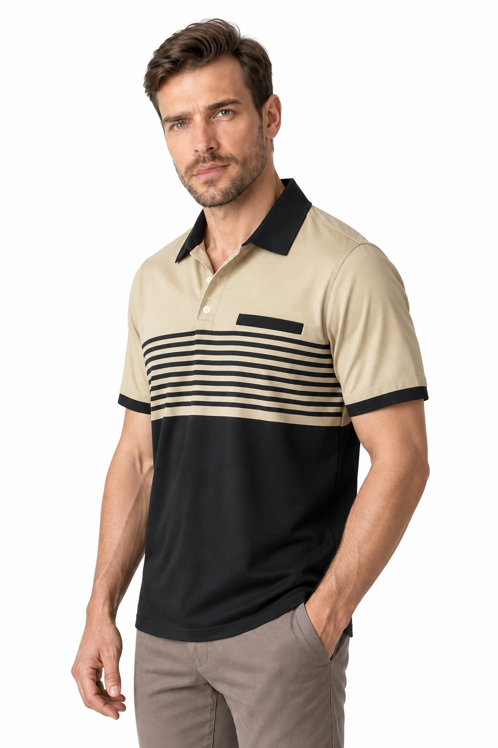 Ventorino Men's Polo Shirt Striped Design Chest Pocket | Ventorino in Khaki — model three-quarter view