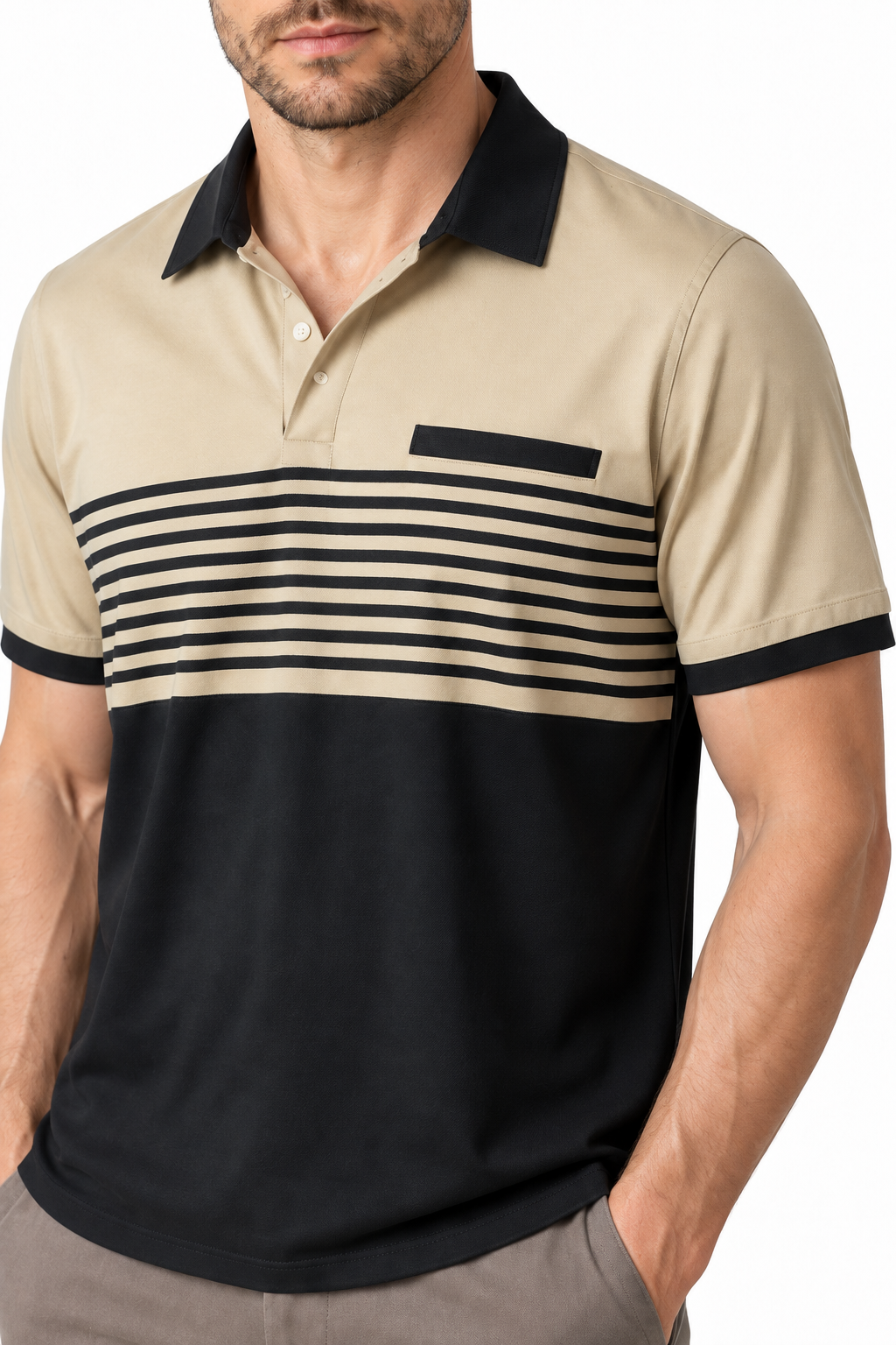 Ventorino Men's Polo Shirt Striped Design Chest Pocket | Ventorino in Khaki — garment and fabric detail