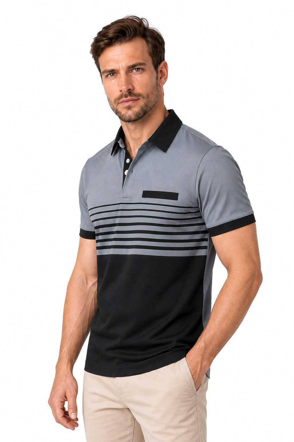Ventorino Men's Polo Shirt Striped Design Chest Pocket | Ventorino in Gray — model three-quarter view