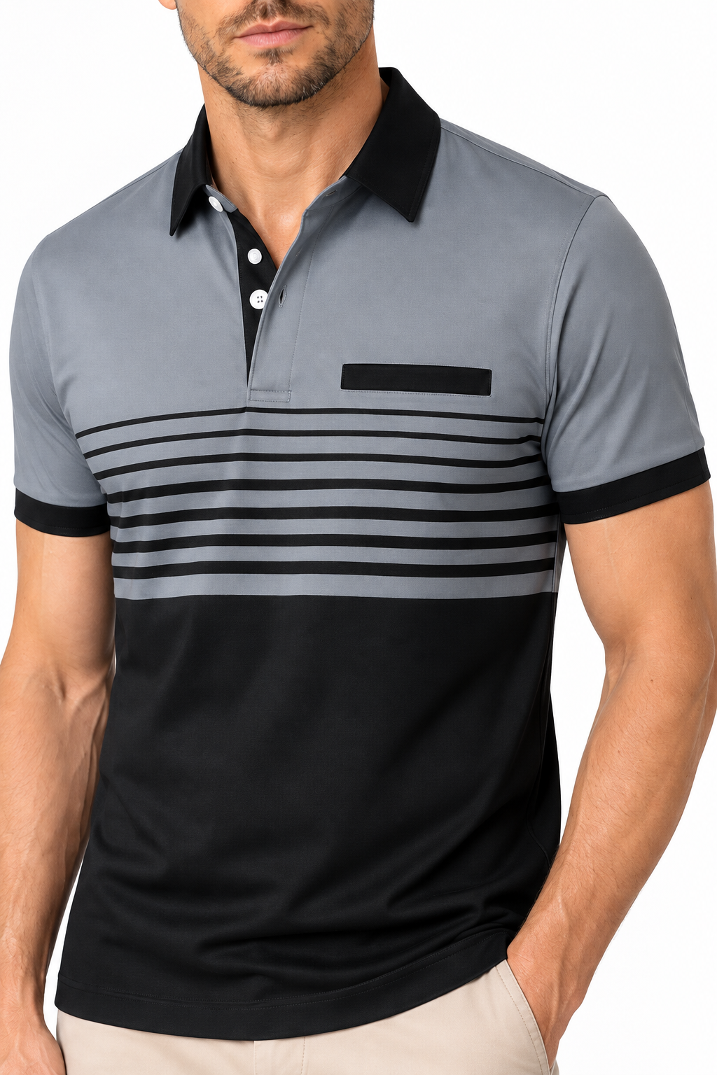Ventorino Men's Polo Shirt Striped Design Chest Pocket | Ventorino in Gray — garment and fabric detail