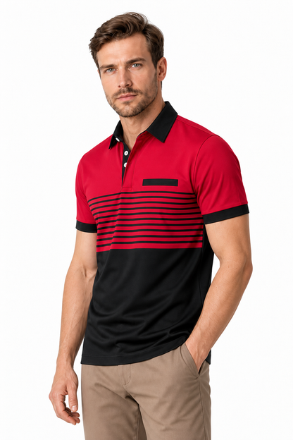 Ventorino Men's Polo Shirt Striped Design Chest Pocket | Ventorino in Red — model three-quarter view