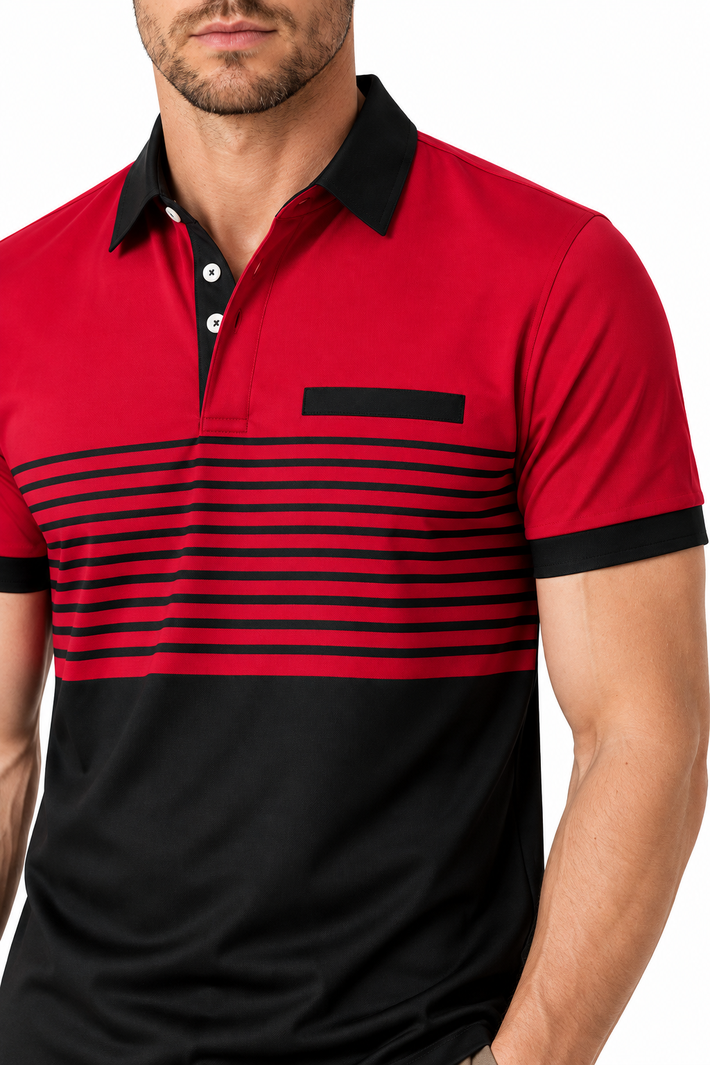 Ventorino Men's Polo Shirt Striped Design Chest Pocket | Ventorino in Red — garment and fabric detail