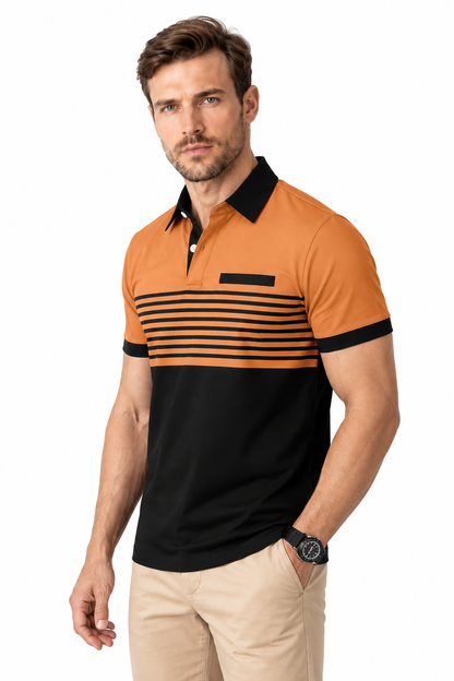 Ventorino Men's Polo Shirt Striped Design Chest Pocket | Ventorino in Yellow — model three-quarter view