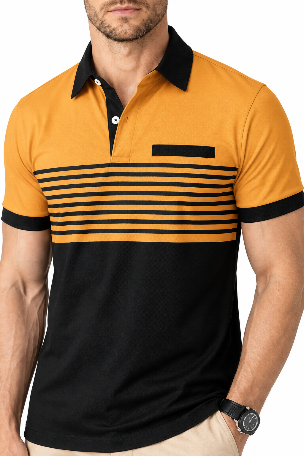 Ventorino Men's Polo Shirt Striped Design Chest Pocket | Ventorino in Yellow — garment and fabric detail