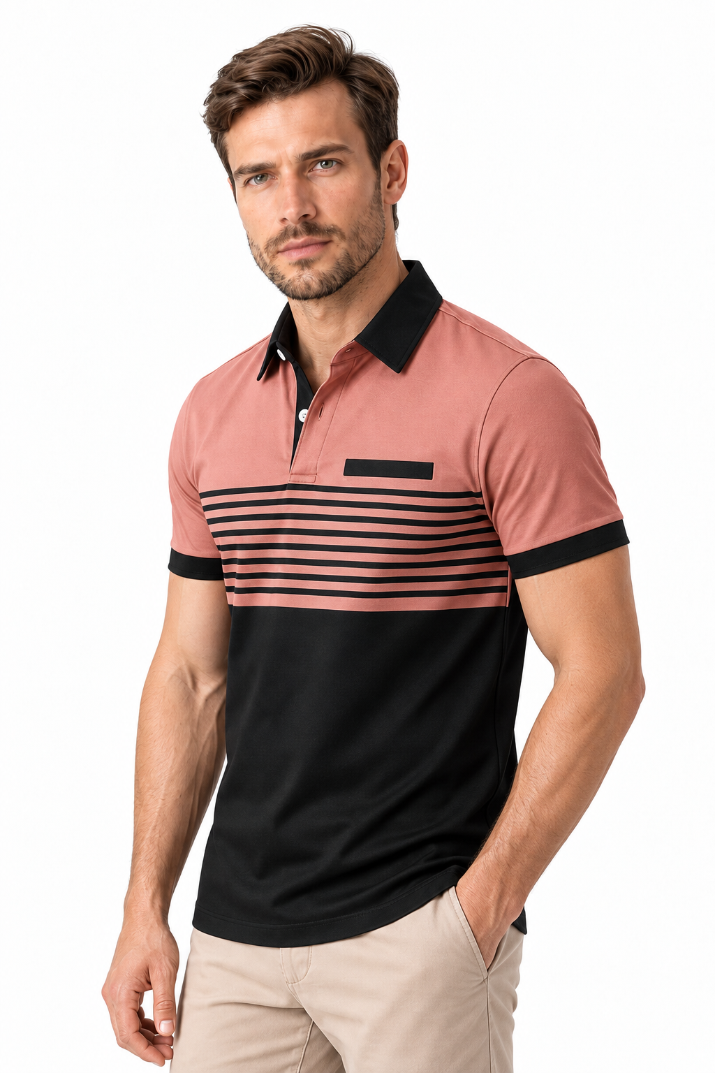 Ventorino Men's Polo Shirt Striped Design Chest Pocket | Ventorino in Pink — model three-quarter view