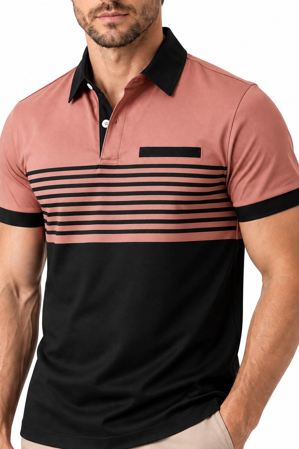 Ventorino Men's Polo Shirt Striped Design Chest Pocket | Ventorino in Pink — garment and fabric detail