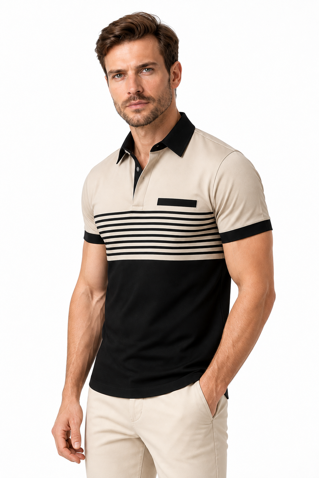 Ventorino Men's Polo Shirt Striped Design Chest Pocket | Ventorino in Beige — model three-quarter view