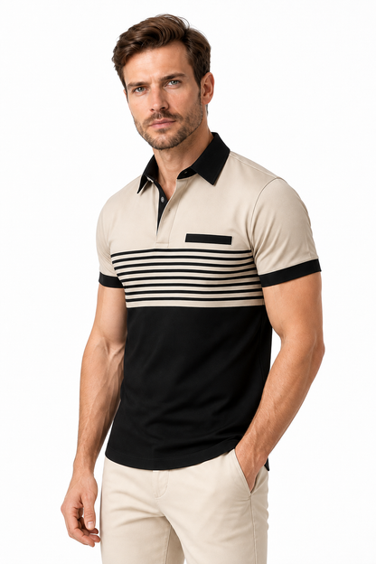 Ventorino Men's Polo Shirt Striped Design Chest Pocket | Ventorino in Beige — model three-quarter view