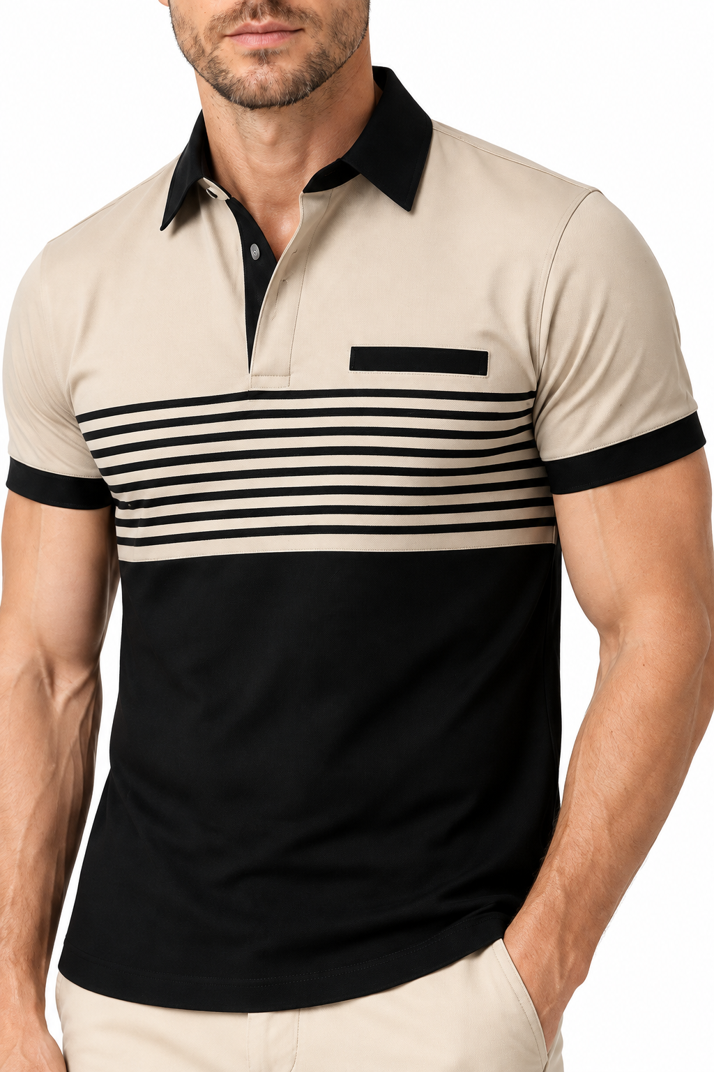 Ventorino Men's Polo Shirt Striped Design Chest Pocket | Ventorino in Beige — garment and fabric detail