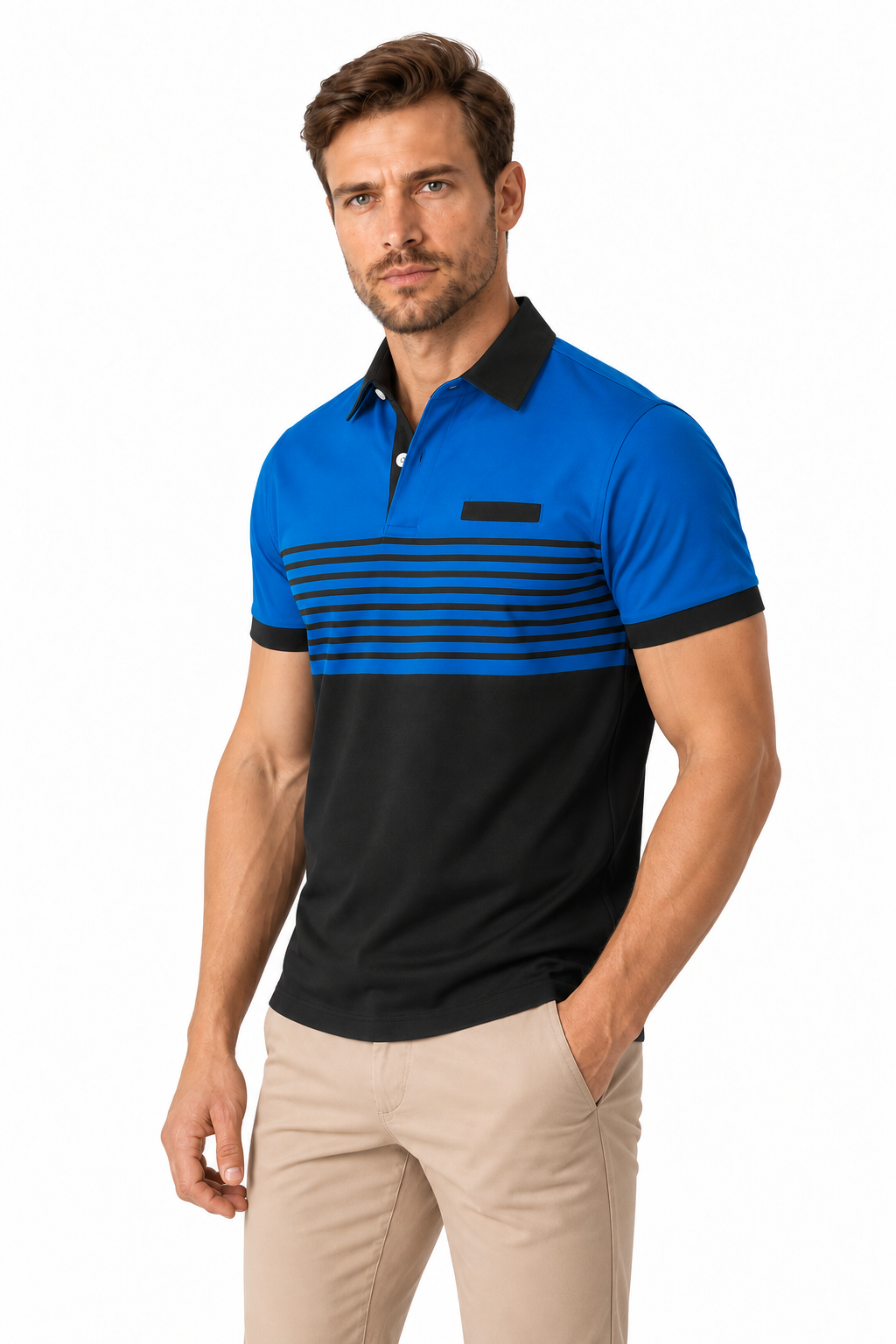 Ventorino Men's Polo Shirt Striped Design Chest Pocket | Ventorino in Blue — model three-quarter view