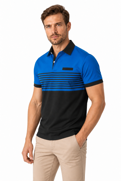 Ventorino Men's Polo Shirt Striped Design Chest Pocket | Ventorino in Blue — model three-quarter view
