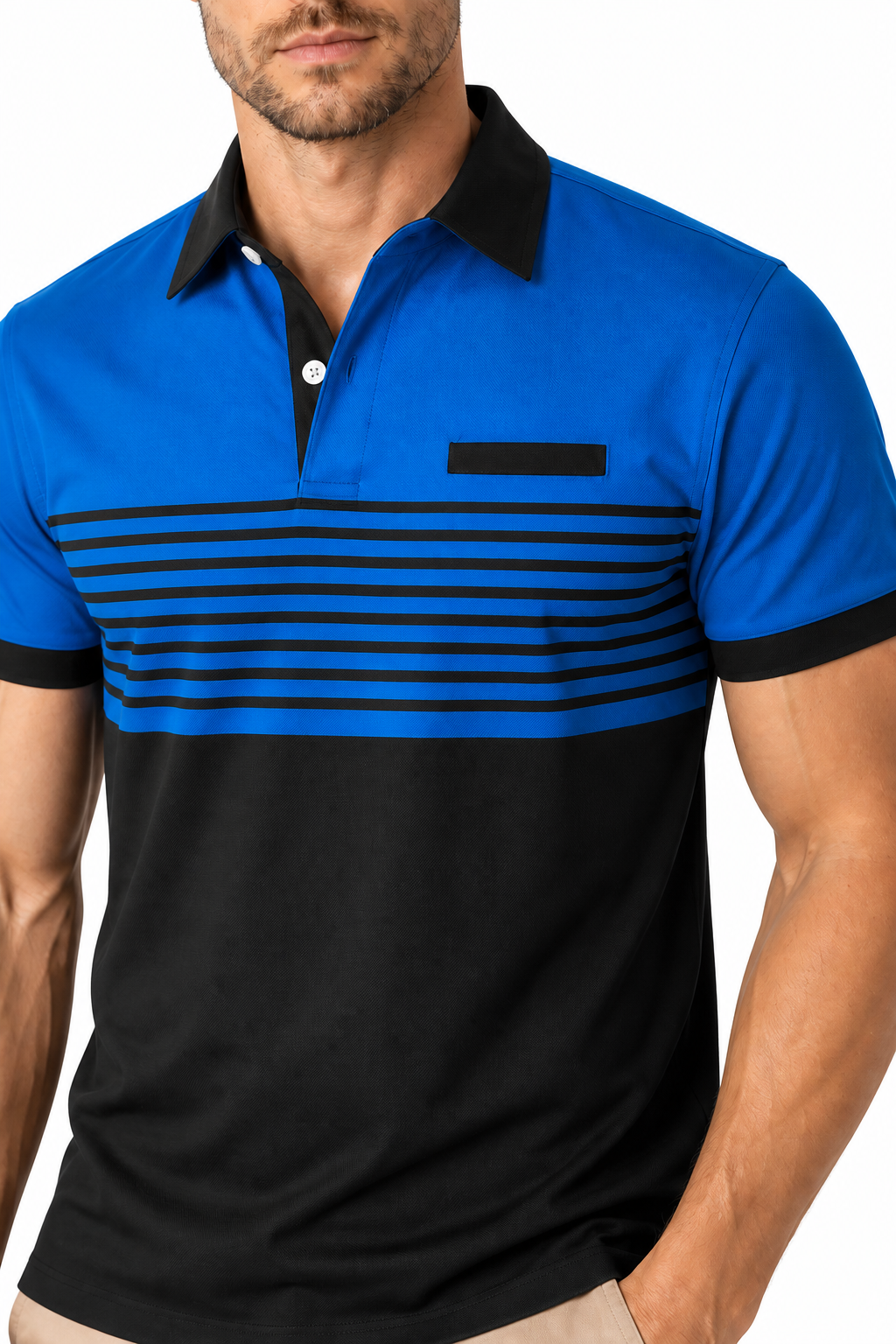 Ventorino Men's Polo Shirt Striped Design Chest Pocket | Ventorino in Blue — garment and fabric detail