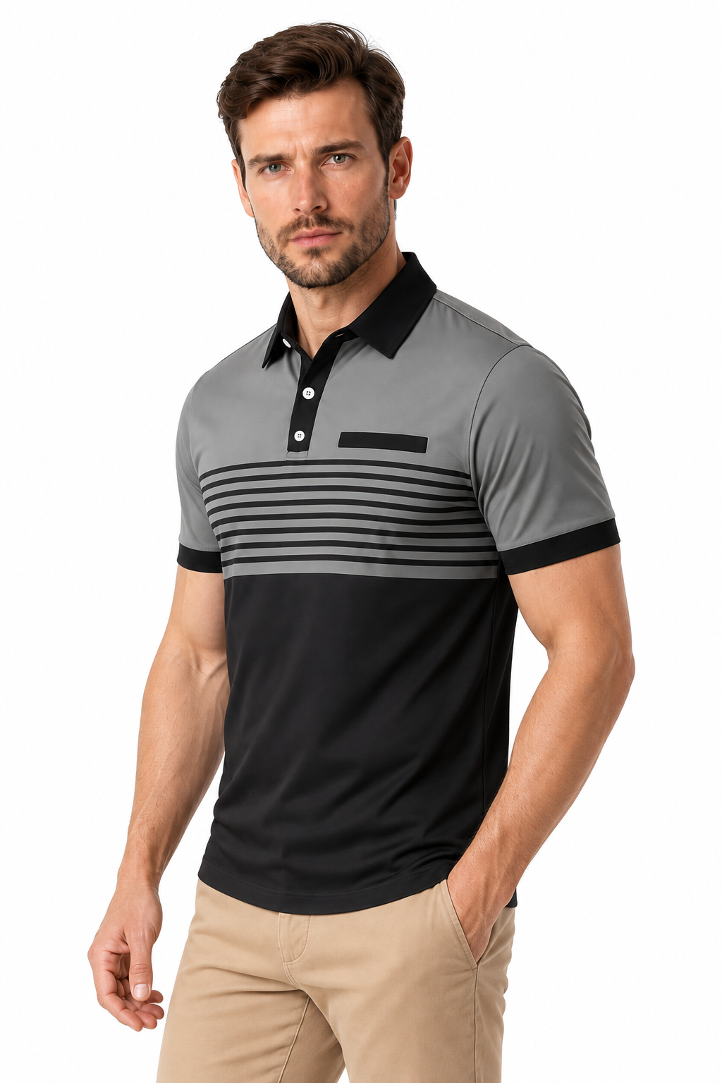 Ventorino Men's Polo Shirt Striped Design Chest Pocket | Ventorino in Dark grey — model three-quarter view