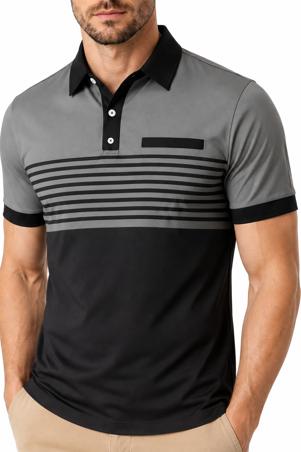 Ventorino Men's Polo Shirt Striped Design Chest Pocket | Ventorino in Dark grey — garment and fabric detail
