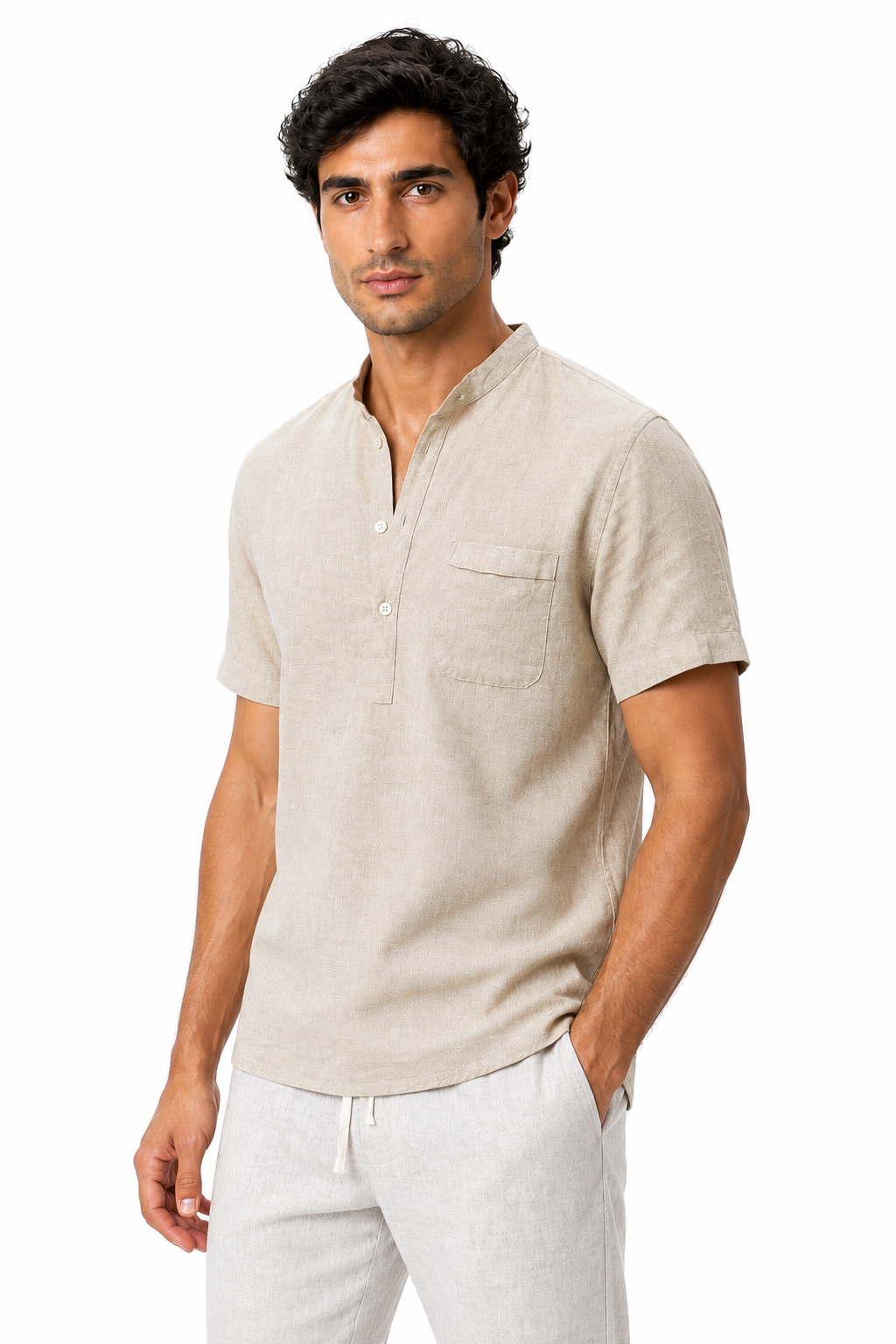 Ventorino Men's V-Neck Shirt Casual Fit Linen Fabric | Ventorino in Beige — model three-quarter view
