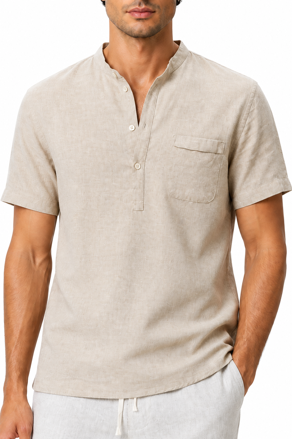 Ventorino Men's V-Neck Shirt Casual Fit Linen Fabric | Ventorino in Beige — garment and fabric detail