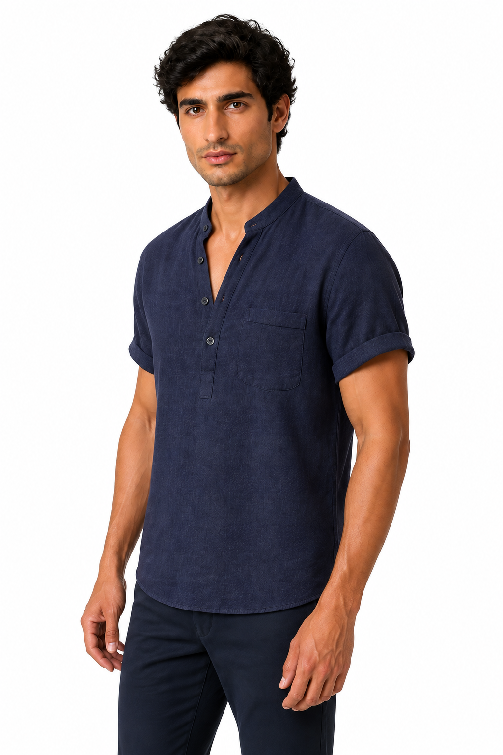 Ventorino Men's V-Neck Shirt Casual Fit Linen Fabric | Ventorino in Dark blue — model three-quarter view