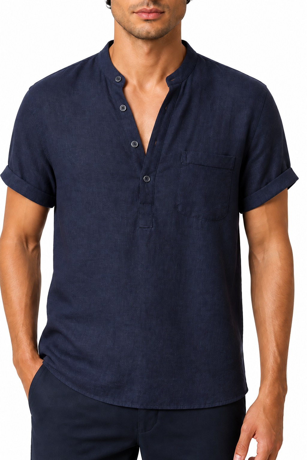Ventorino Men's V-Neck Shirt Casual Fit Linen Fabric | Ventorino in Dark blue — garment and fabric detail