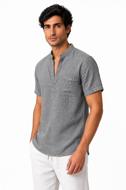 Ventorino Men's V-Neck Shirt Casual Fit Linen Fabric | Ventorino in Grey — model three-quarter view