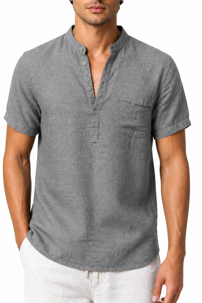 Ventorino Men's V-Neck Shirt Casual Fit Linen Fabric | Ventorino in Grey — garment and fabric detail