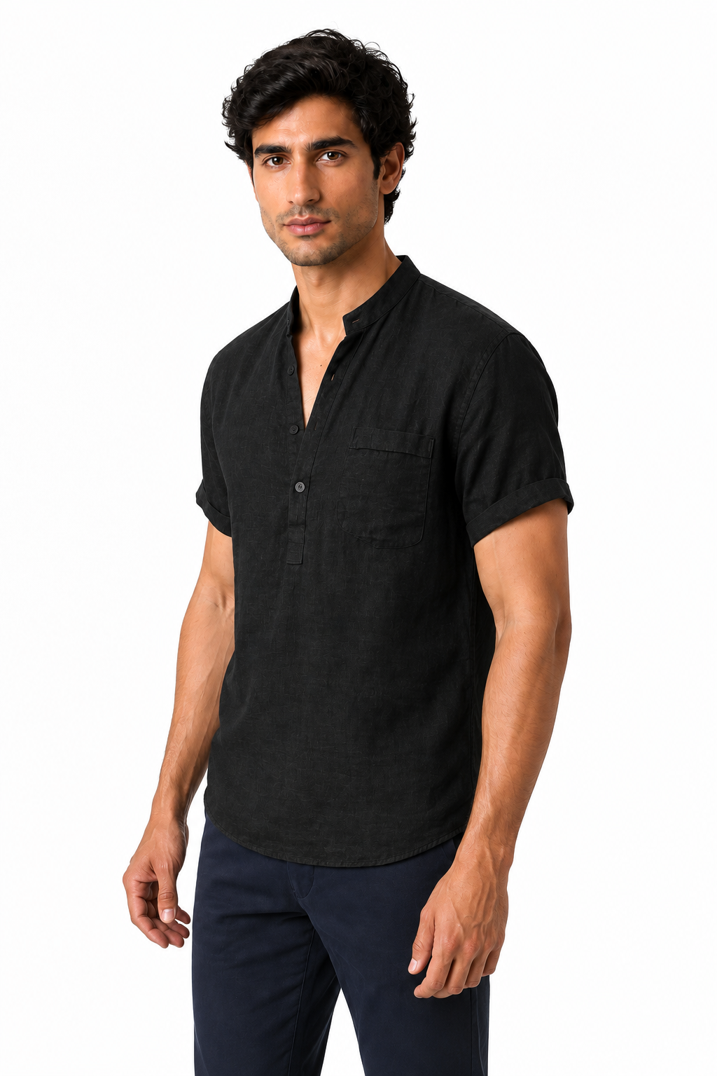 Ventorino Men's V-Neck Shirt Casual Fit Linen Fabric | Ventorino in Black — model three-quarter view