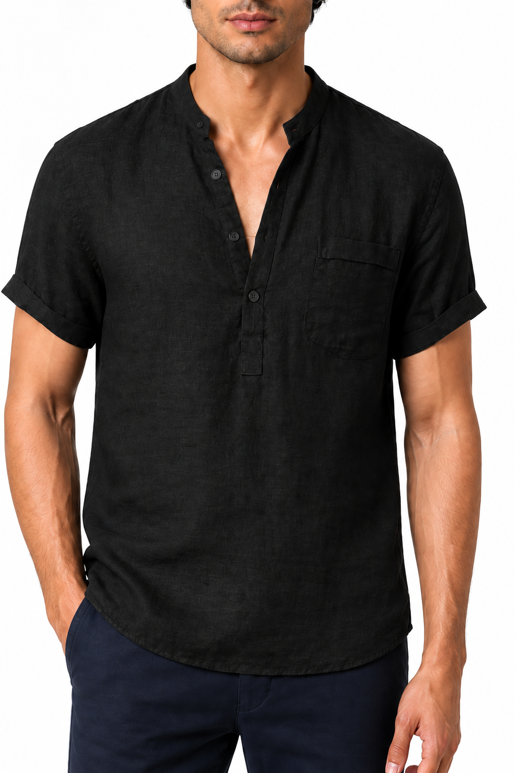 Ventorino Men's V-Neck Shirt Casual Fit Linen Fabric | Ventorino in Black — garment and fabric detail