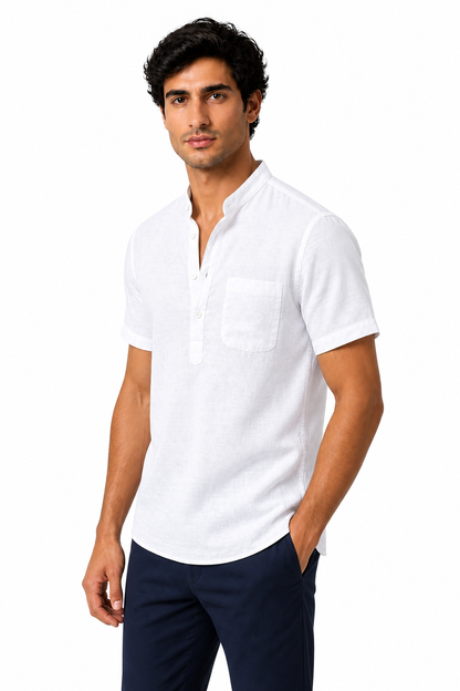 Ventorino Men's V-Neck Shirt Casual Fit Linen Fabric | Ventorino in White — model three-quarter view