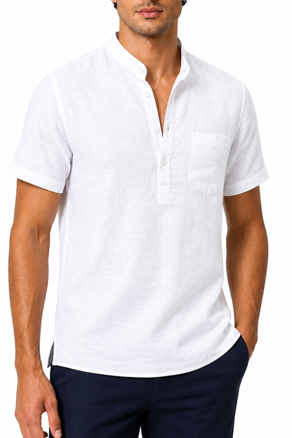 Ventorino Men's V-Neck Shirt Casual Fit Linen Fabric | Ventorino in White — garment and fabric detail