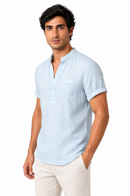 Ventorino Men's V-Neck Shirt Casual Fit Linen Fabric | Ventorino in Light Blue — model three-quarter view