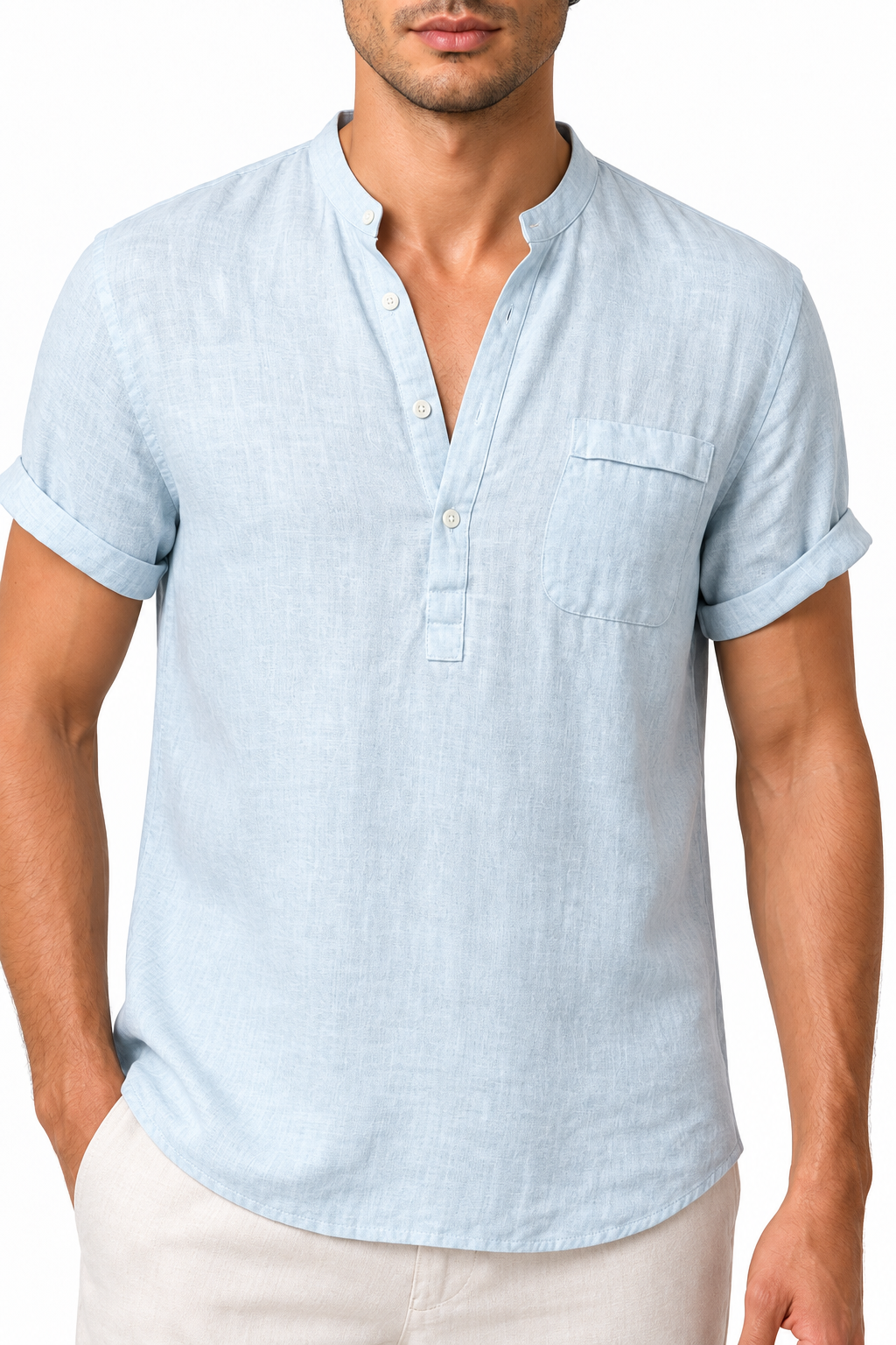 Ventorino Men's V-Neck Shirt Casual Fit Linen Fabric | Ventorino in Light Blue — garment and fabric detail