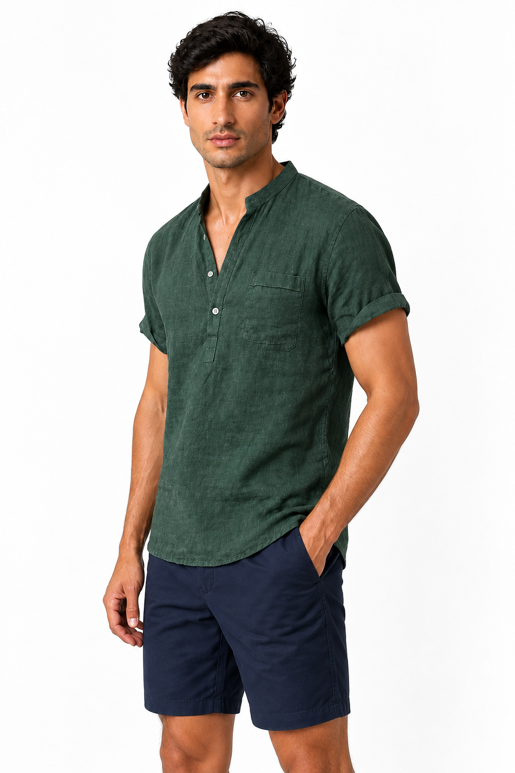 Ventorino Men's V-Neck Shirt Casual Fit Linen Fabric | Ventorino in Dark green — model three-quarter view