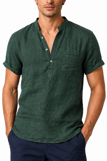 Ventorino Men's V-Neck Shirt Casual Fit Linen Fabric | Ventorino in Dark green — garment and fabric detail
