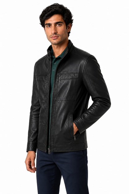 Ventorino Men's Leather Jacket Oblique Zip Structured Fit | Ventorino in Black — model three-quarter view