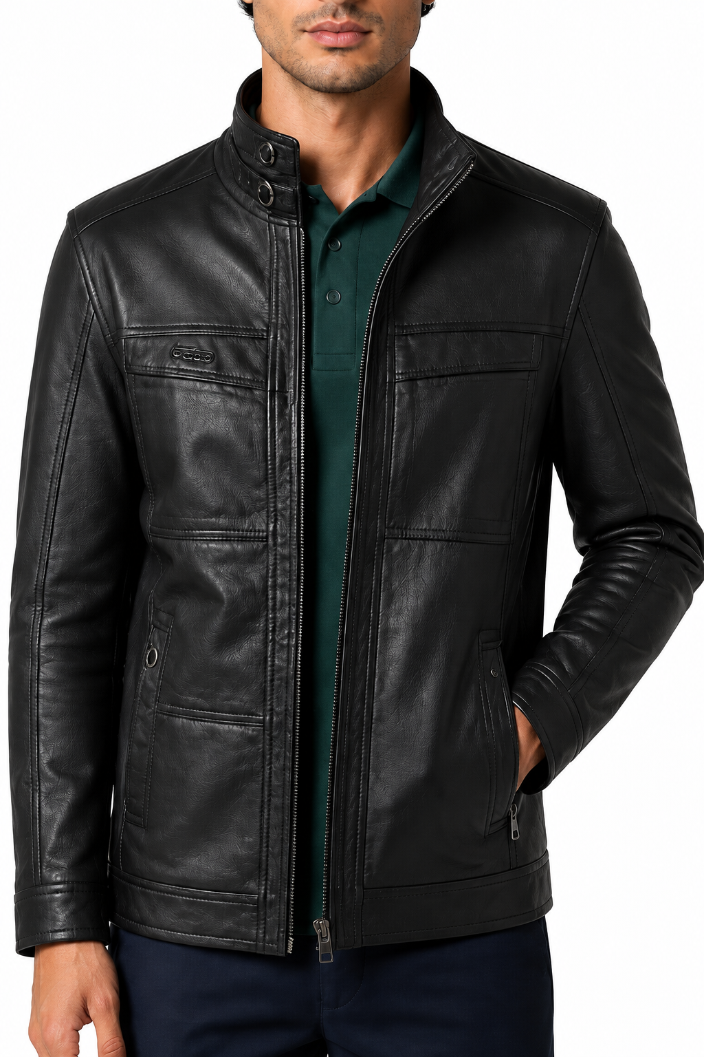 Ventorino Men's Leather Jacket Oblique Zip Structured Fit | Ventorino in Black — garment and fabric detail