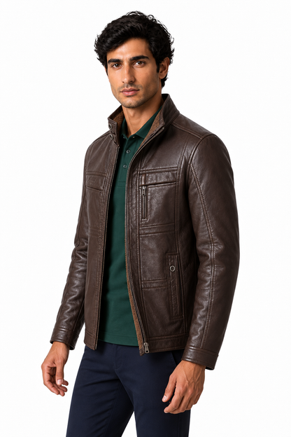 Ventorino Men's Leather Jacket Oblique Zip Structured Fit | Ventorino in Light Brown — model three-quarter view
