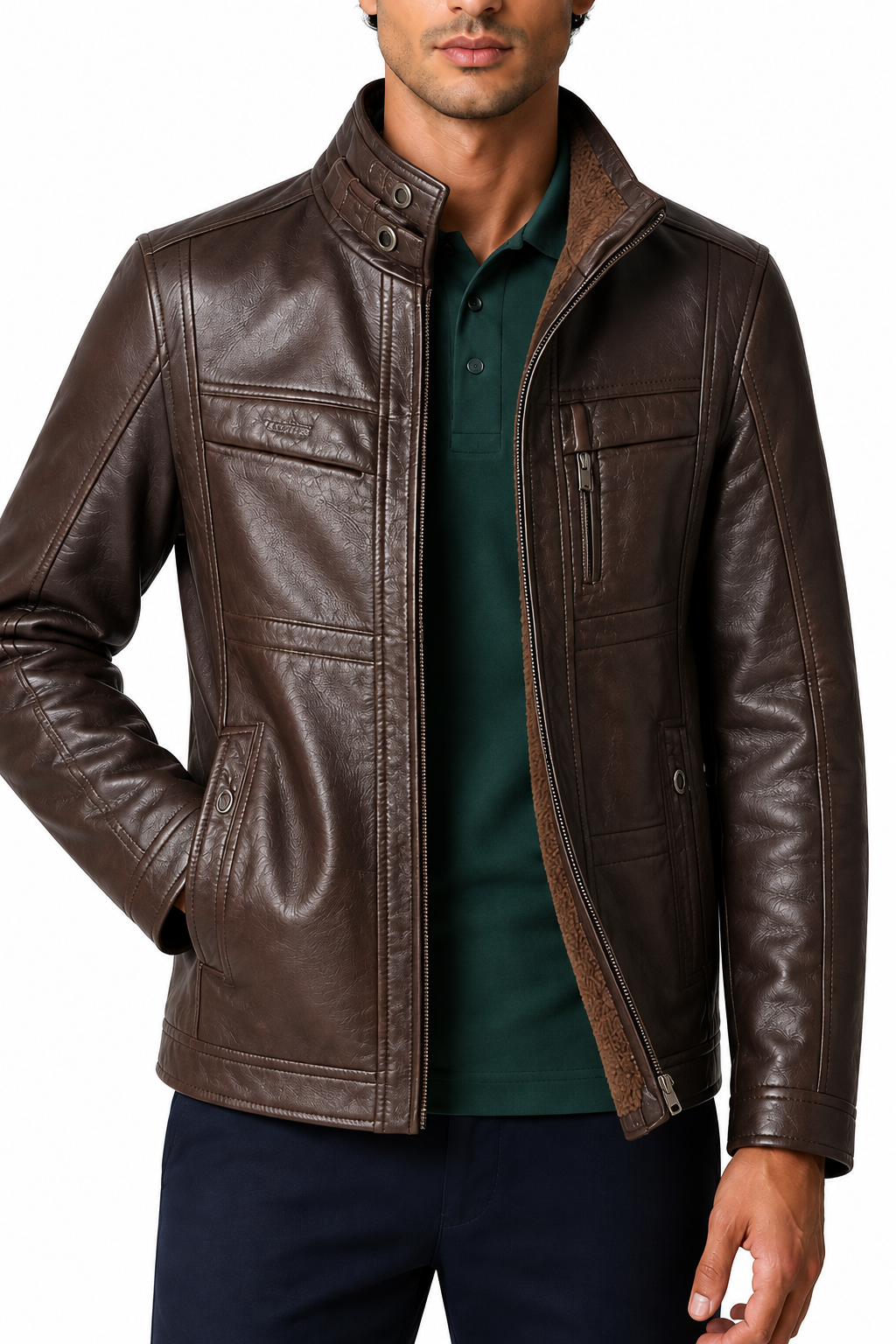 Ventorino Men's Leather Jacket Oblique Zip Structured Fit | Ventorino in Light Brown — garment and fabric detail