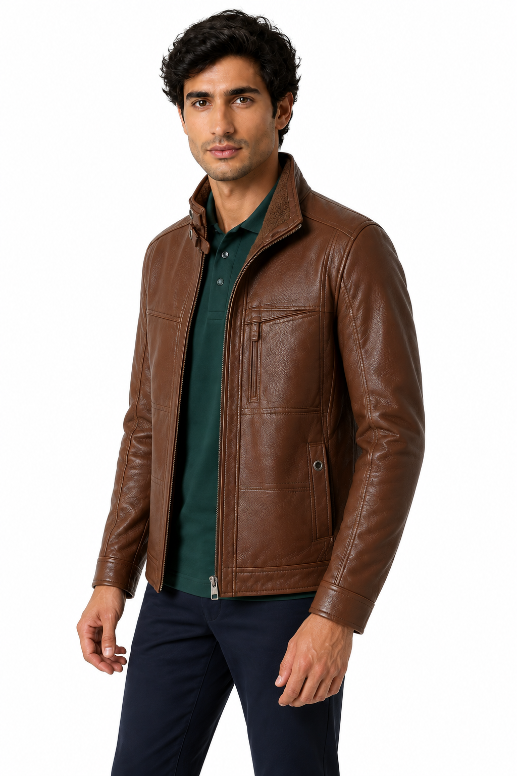 Ventorino Men's Leather Jacket Oblique Zip Structured Fit | Ventorino in Brown — model three-quarter view