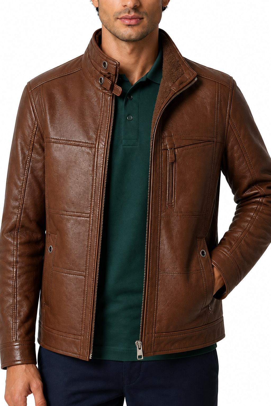 Ventorino Men's Leather Jacket Oblique Zip Structured Fit | Ventorino in Brown — garment and fabric detail